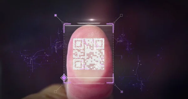 Composition of data processing with qr code and finger on black background. Global technology, computing and digital interface concept digitally generated image.