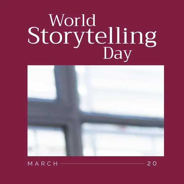 Composition of world storytelling day text over red background with copy space. World storytelling day and celebration concept digitally generated image.