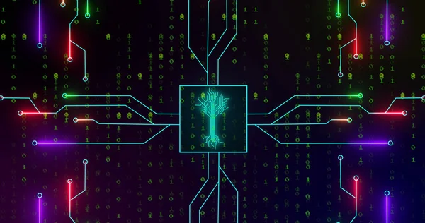 Composition of digital tree and light trails over binary coding on black background. Global business and digital interface concept digitally generated image.