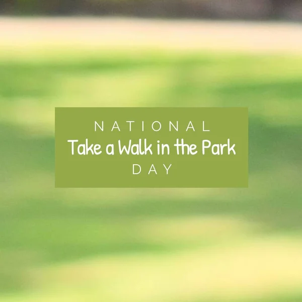 Composition of national take a walk in the park day text over green background. National take a walk in the park day and celebration concept digitally generated image.