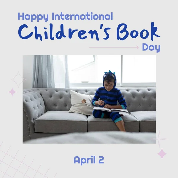 Composition of happy international children\'s book day text with biracial boy reading book. International childrens\'s book day concept digitally generated image.
