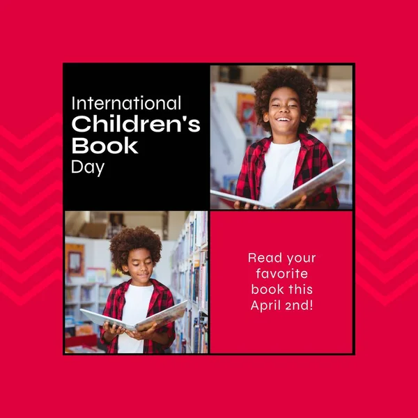 Composition of international children\'s book day text with african american boy reading book. International childrens\'s book day concept digitally generated image.