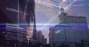 Animation of financial data processing over cityscape. Global business, finances, computing and data processing concept digitally generated video.