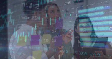 Animation of financial data processing over diverse business people. Global business, finances, computing and data processing concept digitally generated video.