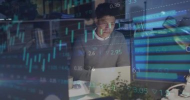 Animation of financial data processing over biracial businessman. Global business, finances, computing and data processing concept digitally generated video.