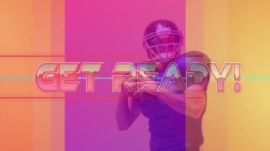 Animation of get ready text and neon shapes over american football player on neon background. Sports, competition and communication concept digitally generated video.