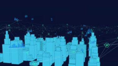 Animation of digital city over network of connections on black background. Global technology and digital interface concept digitally generated video.