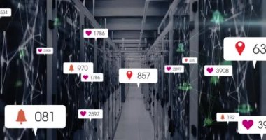 Animation of social media data processing over computer servers. Global social media, networks, computing and data processing concept digitally generated video.