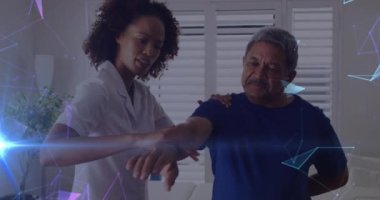 Animation of connections over diverse doctor and patient exercising. Medicine, healthcare and lifestyle concept digitally generated video.