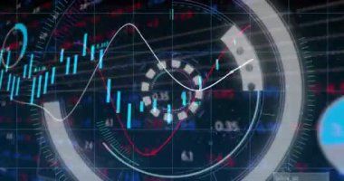 Animation of scope scanning over financial data processing on black background. Global business, finances and digital interface concept digitally generated video.