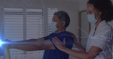 Animation of connections over diverse doctor and patient exercising. Medicine, healthcare and lifestyle concept digitally generated video.