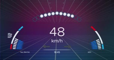 Animation of speedometer over grid network against purple gradient background. Automobile engineering and interface technology concept