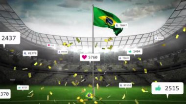 Animation of social media icons and confetti falling over waving brazil flag against sports stadium. Social media networking and sports concept