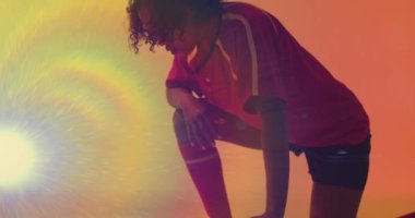 Animation of flickering light over female rugby player on neon background. Sports and communication concept digitally generated video.