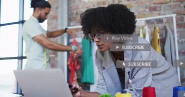 Animation of social media emoji icons over diverse business people. Global social media, business, finances, computing and data processing concept digitally generated video.