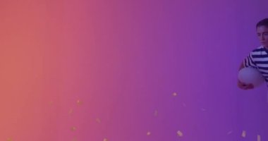 Animation of neon lights over female rugby player on neon background. Sports and communication concept digitally generated video.