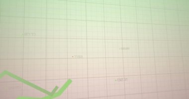 Animation of statistical data processing over grid network against green gradient background. Business data technology concept
