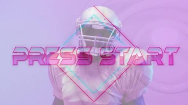 Animation of press start text over american football player and neon diamonds. Sports and communication concept digitally generated video.