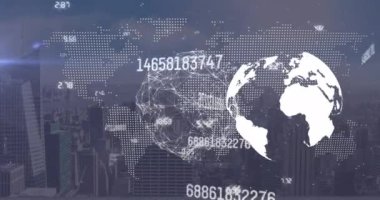 Animation of globe, map, changing numbers and connected dots over modern cityscape. Digital composite, multiple exposure, building, globalization, database, futuristic and technology.