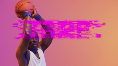 Animation of start text over basketball player on neon background. Sports, competition and communication concept digitally generated video.