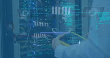 Animation of abstract shapes and data processing over mid section of engineer working at server room. Computer interface and business data technology concept
