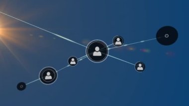 Animation of network of connections with icons over blue background. Global networks, business, finances, computing and data processing concept digitally generated video.