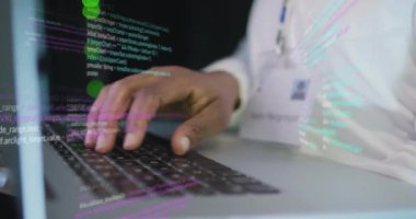 Animation of data processing over african american female it engineer and computer servers. Global computing and data processing concept digitally generated video