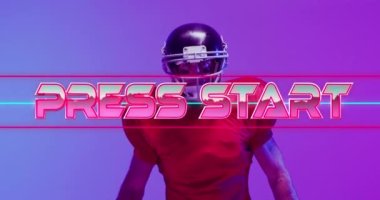 Animation of press start text over american football player and neon lines. Sports and communication concept digitally generated video.