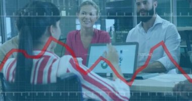 Animation of data processing over diverse business people working in office. Global business, finances, computing and data processing concept digitally generated video.