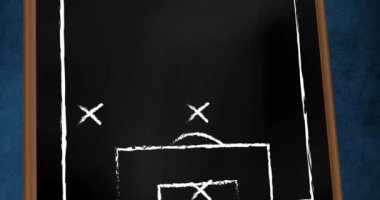 A football field is shown with a strategy game plan drawn on it. Social media and communication interface concept digitally generated video.