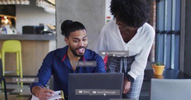 Animation of social media emoji icons over diverse business people. Global social media, business, finances, computing and data processing concept digitally generated video.