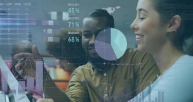 Animation of financial data processing over diverse business people. Global business, finances, computing and data processing concept digitally generated video.