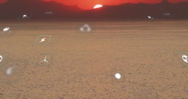 Animation of sustainability and ecology icons over landscape. Ecology, sustainability and data processing concept digitally generated video