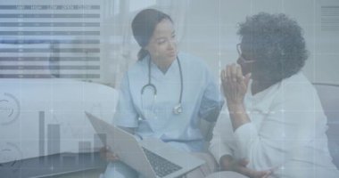 Animation of data processing over african american female doctor talking on a female patient. Medical healthcare and business data technology concept