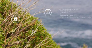Animation of sustainability and ecology icons over landscape. Ecology, sustainability and data processing concept digitally generated video