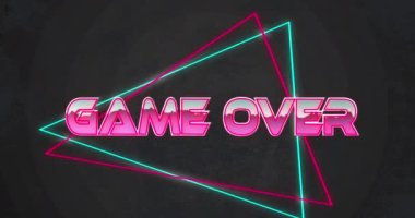 Animation of game over text and shapes on black background. Social media and retro digital interface concept digitally generated video.