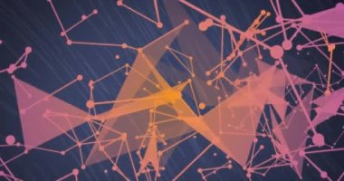 Animation of purple plexus networks and light trails against blue background. Global networking and business technology concept