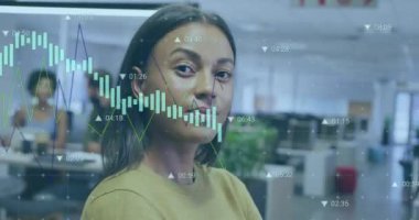 Animation of financial data processing over biracial businesswoman. Global business, finances, computing and data processing concept digitally generated video.