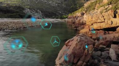 Animation of sustainability and ecology icons over landscape. Ecology, sustainability and data processing concept digitally generated video