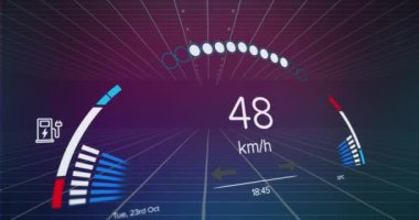Animation of speedometer over grid network against purple gradient background. Automobile engineering and interface technology concept