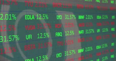 Animation of stock market data processing over round scanner and light trails on green background. Global economy and business technology concept