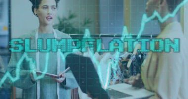 Animation of slumpflation and financial data processing over diverse business people. Global business, finances, computing and data processing concept digitally generated video