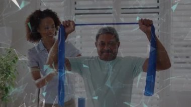 Animation of connections over diverse doctor and patient exercising. Medicine, healthcare and lifestyle concept digitally generated video.