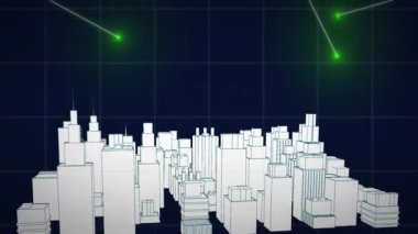 Animation of digital city over light trails on black background. Global technology and digital interface concept digitally generated video.