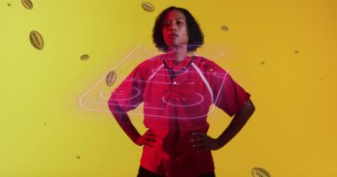 Animation of rugby pitch and rugby balls over female rugby player on neon background. Sports and communication concept digitally generated video.