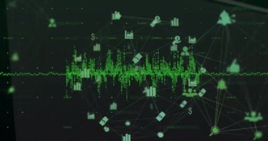 Animation of green soundwaves and multiple icons connected with lines in globe shape over numbers. Digitally generated, multiple exposure, noise, data, finance, futuristic and technology.