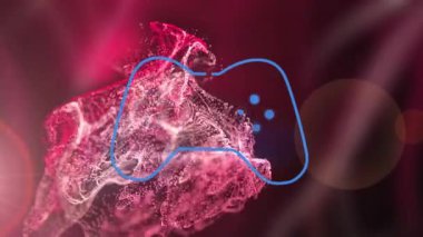 Animation of gamepad icon over light trails on black background. Global technology and digital interface concept digitally generated video.