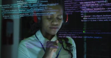 Animation of data processing over african american female it engineer and computer servers. Global computing and data processing concept digitally generated video