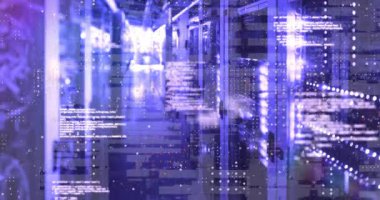 Animation of data processing against computer server room. Computer interface and business data storage technology concept