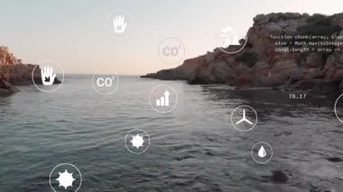 Animation of sustainability and ecology icons over landscape. Ecology, sustainability and data processing concept digitally generated video